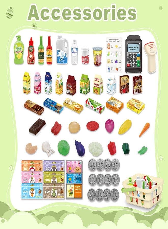 RedCrab Kids Shopping Cart,75PCS Toy Shopping Cart Playset with Food Shop Accessories, Adjustable Shopping Cart Arm,Shopping Basket Grocery Store Games for Ages 3 4 5 67 8+ (Green) - Image 2